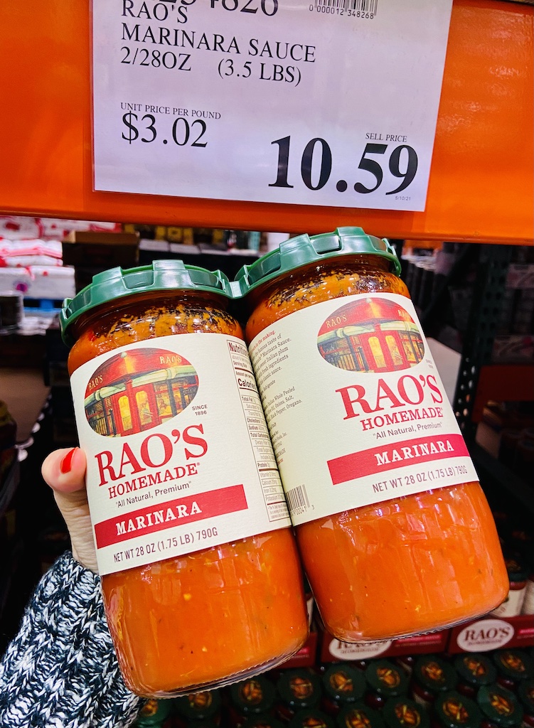 Raos homemade marinara sauce jars with Costco pricing information