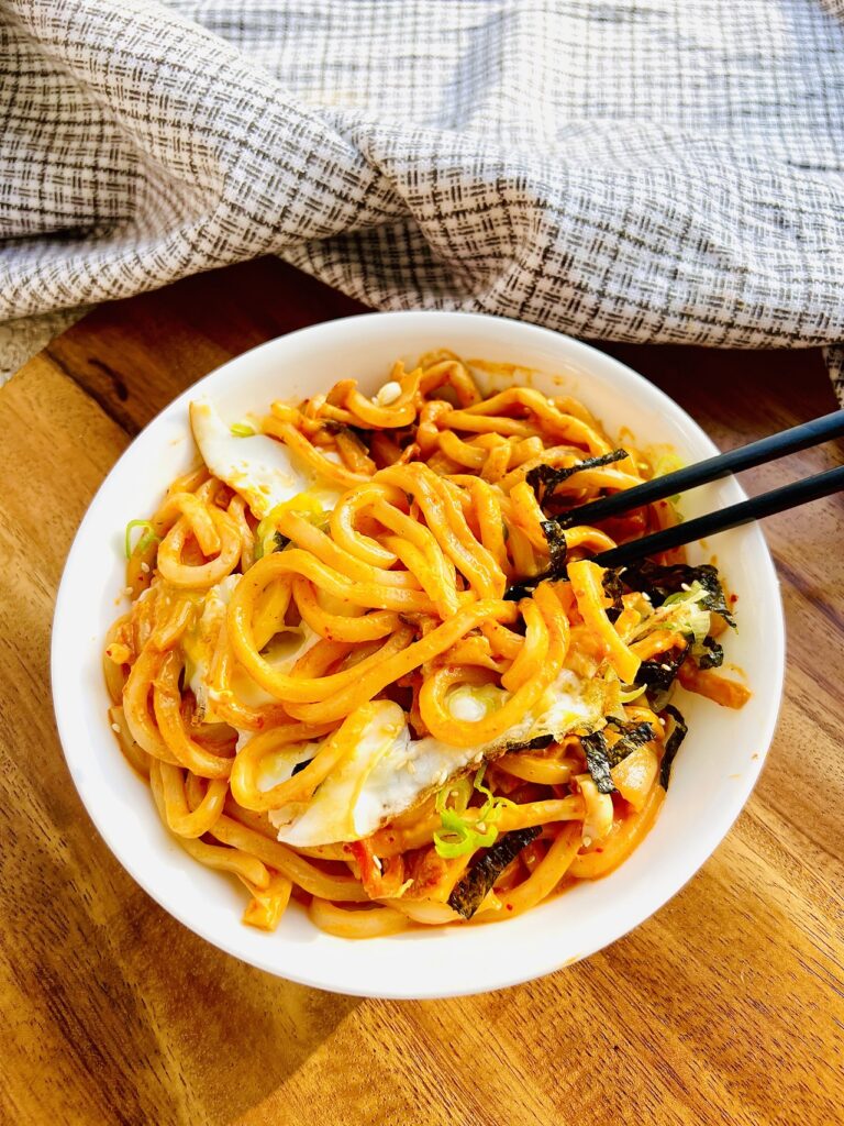 bowl of kimchi udon noodles