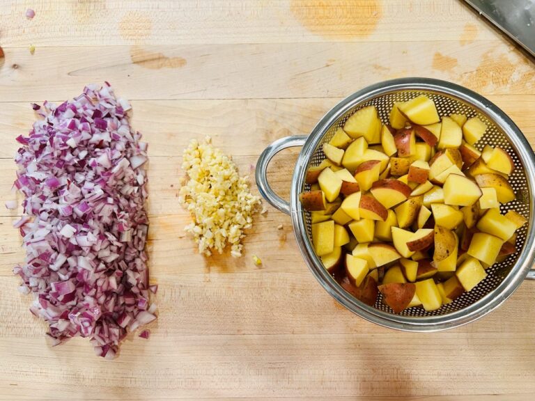 chopped red onions, garlic, and potatoes