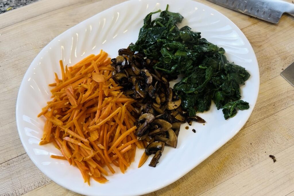veggies prepared: carrots, cremini mushrooms, spinach