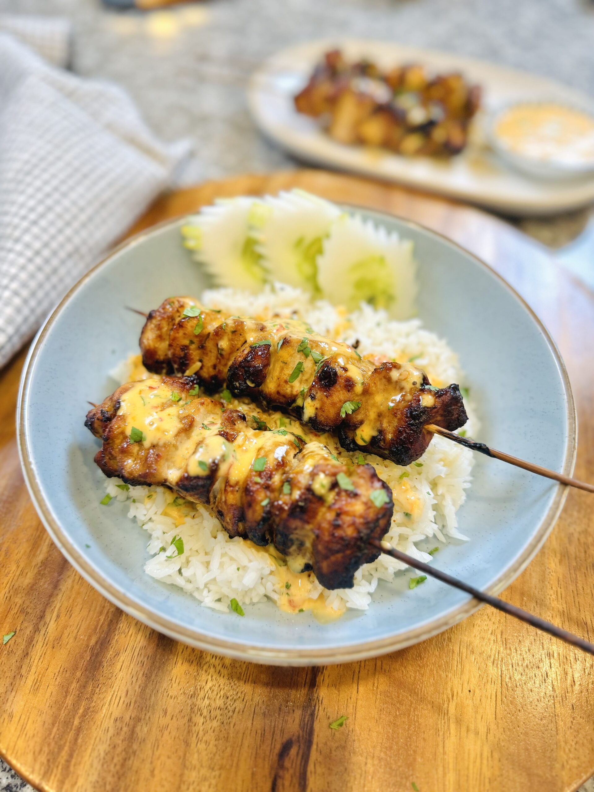 Air Fryer Chicken Skewers with Bang Bang Sauce