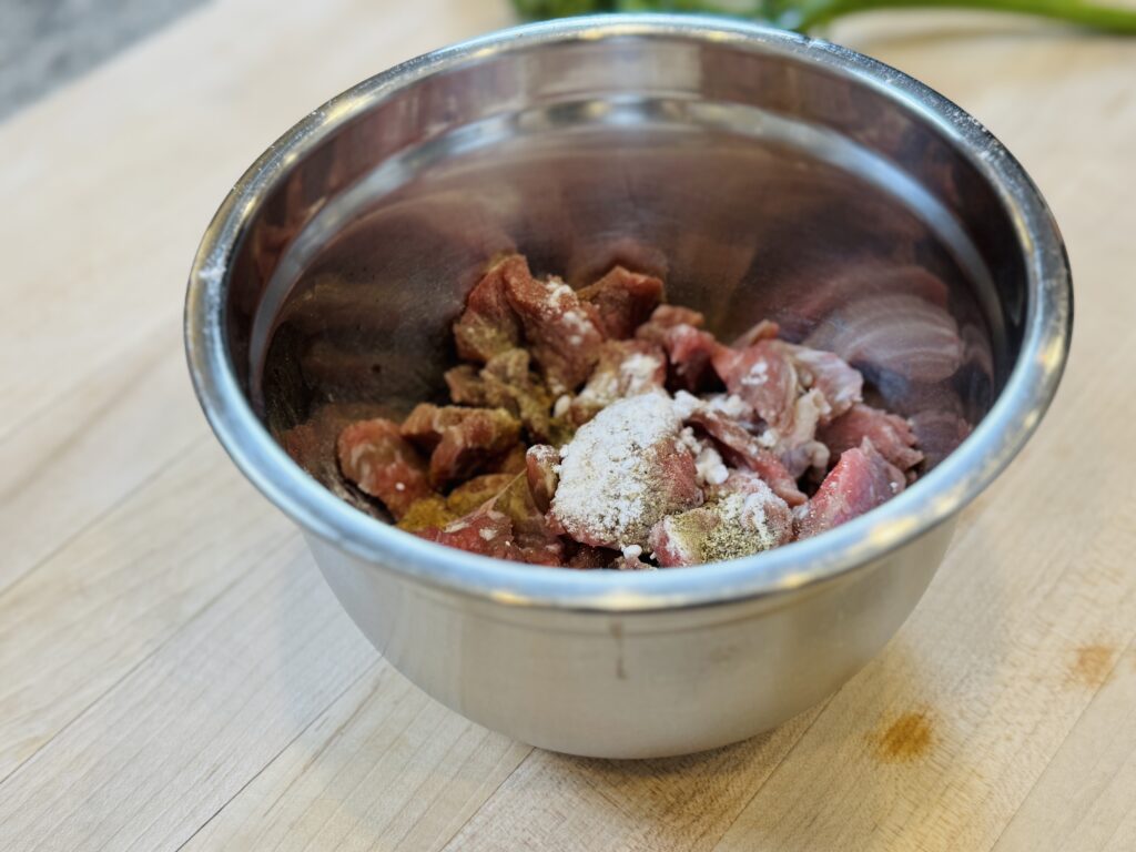Marinate the beef a metal bowl with other ingredients