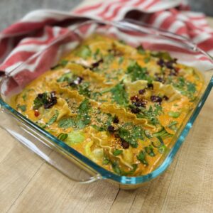 a shot dumpling bake in a baking pan.