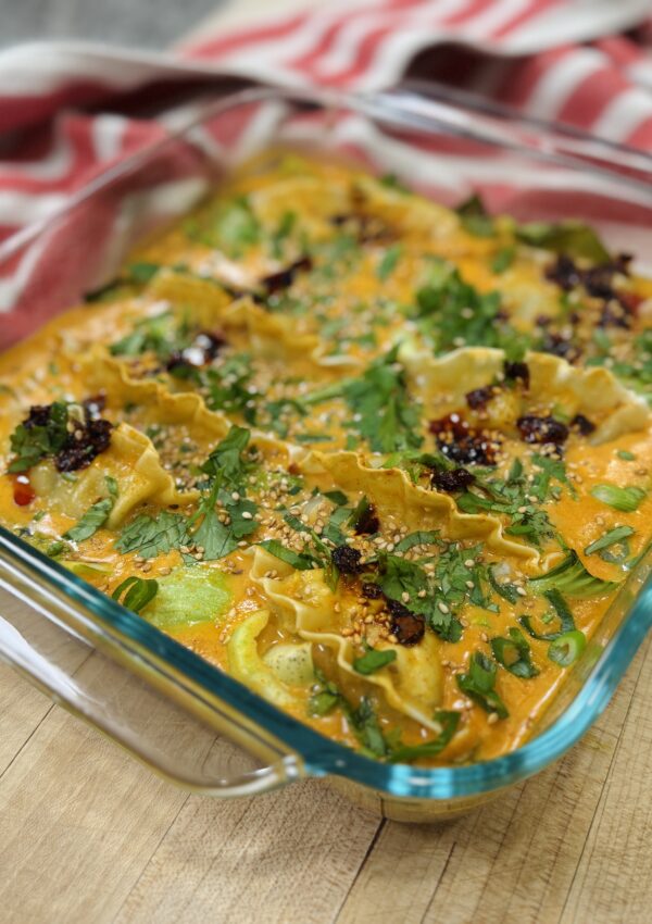 a shot dumpling bake in a baking pan.