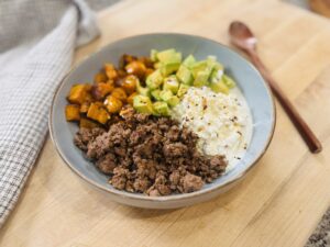 Ground Beef Sweet Potato Cottage Cheese Bowl