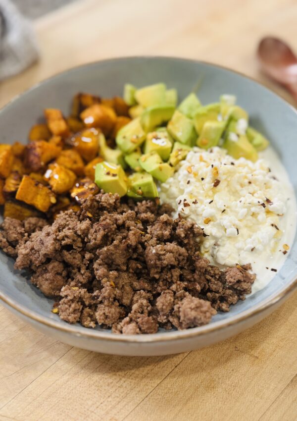 Ground Beef Sweet Potato Cottage Cheese Bowl