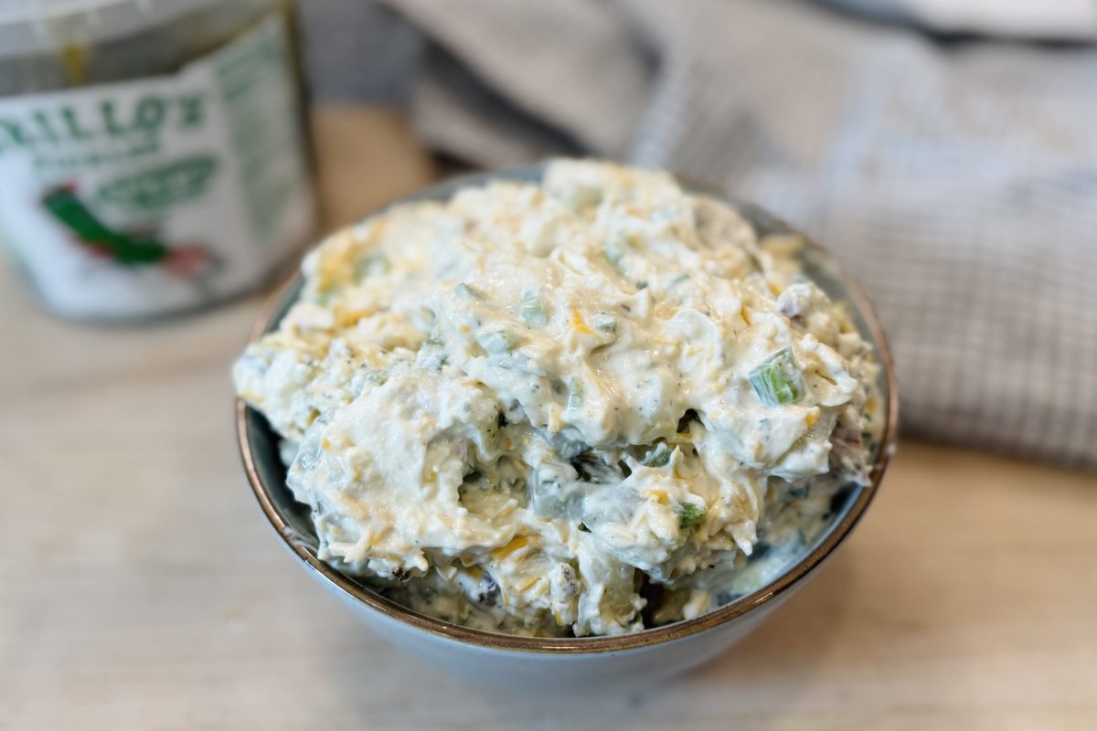 A shot of pickle dip in a bowl.